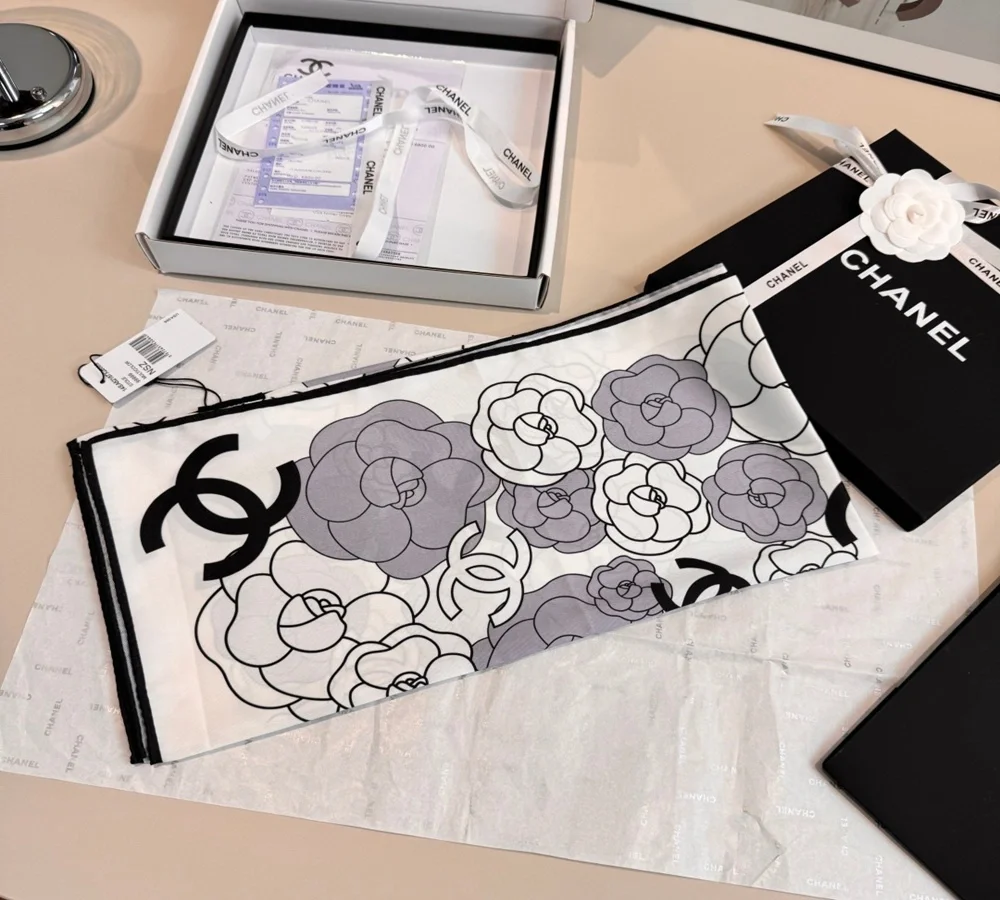 Chanel Camellia & CC Logo Silk Scarf